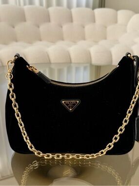 Prada Black Velvet Shoulder Bag with Gold Chain